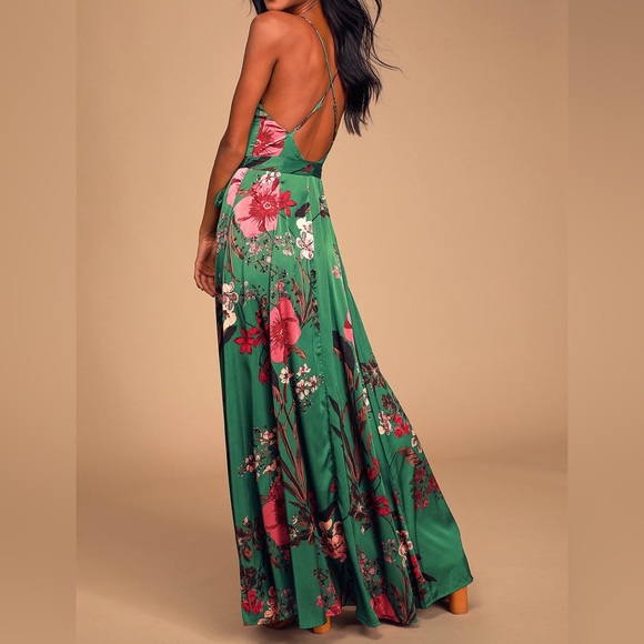Green Floral Print Satin Maxi Dress - Lulus - XS - NWT - Picture 2 of 4